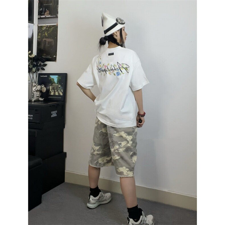 M535-P35美式花体Logo花卉刺绣潮牌休闲速干短袖T恤男女同款,男装T恤,星座617A-1（原B318A）