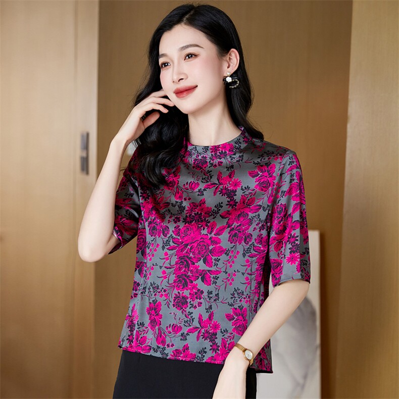 品牌真丝桑蚕丝上衣女轻奢高级感2025新款提花立领专柜妈妈装,女装衬衫,阿舍尔精品
