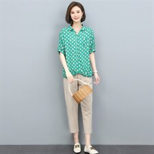 短袖套装女夏装2022新款韩版气质波点套头上衣休闲九分裤潮，女装套装/套裙，奕阳依阁