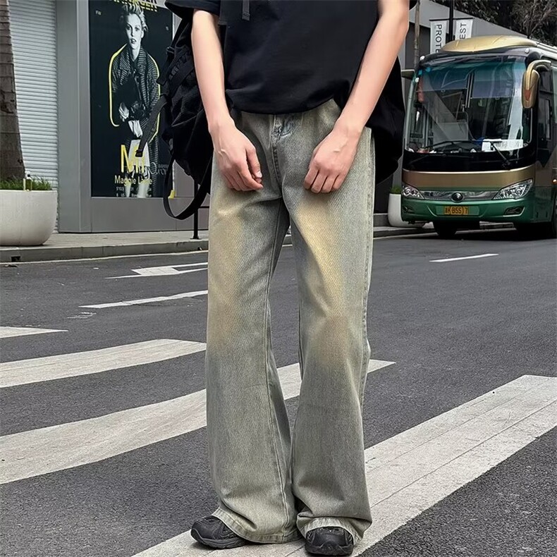 美式复古牛仔裤男士春秋款高街宽松阔腿裤子潮牌休闲直筒牛仔长裤图片