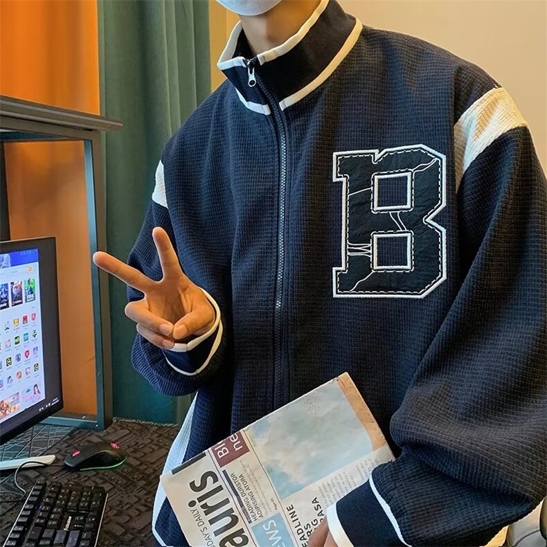 拼色外套男青少年高街刺绣印花潮流宽松休闲开衫拉链春秋夹克上衣图片
