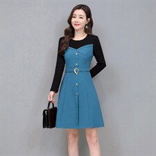 2021春季新款简约优雅气质圆领时尚撞色收腰显瘦连衣裙，女装连衣裙，江南富贵女