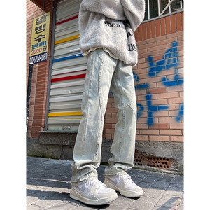 美式高街复古小众泼墨设计牛仔裤春秋潮牌直筒宽松hiphop长裤男图片