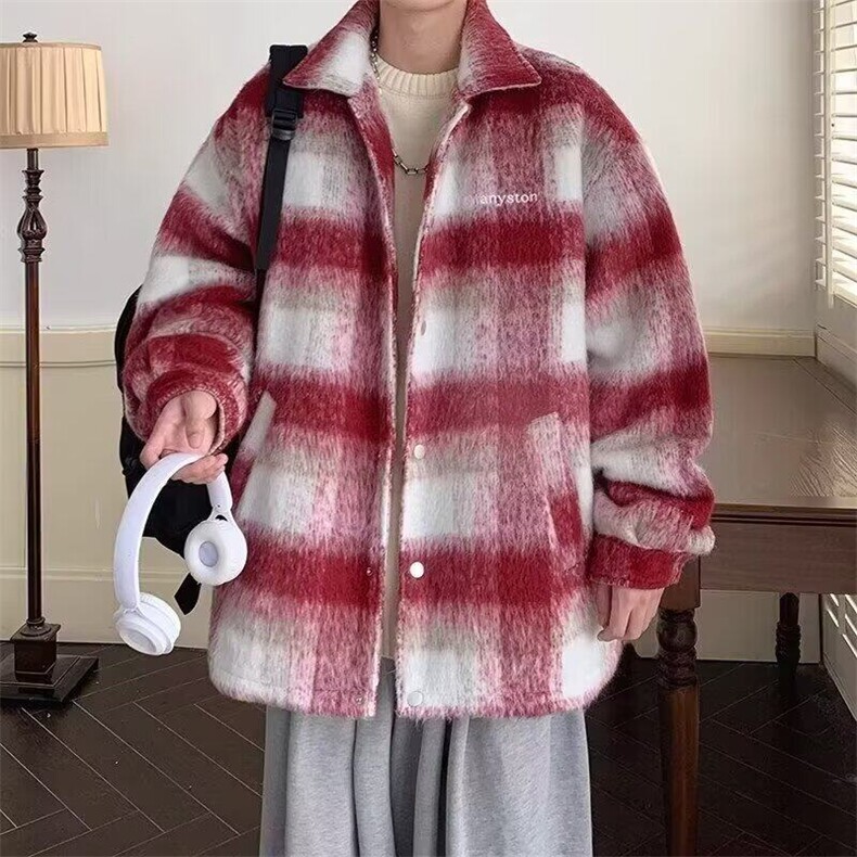 红色格子毛呢大衣外套男秋冬款加厚港风韩版潮牌痞男装帅翻领夹克图片