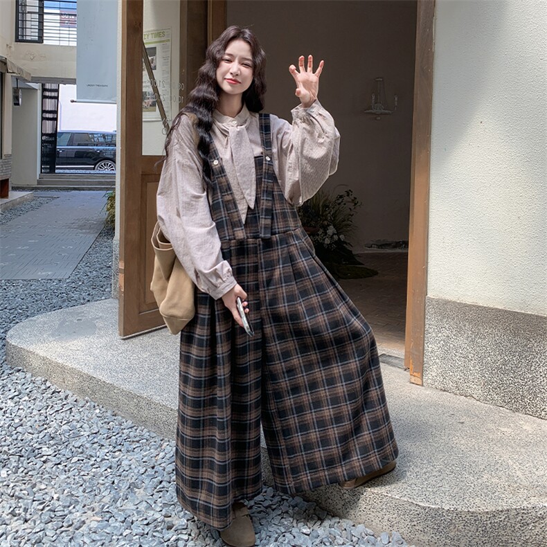 慵懒松弛感格子背带裤衬衣显瘦套装女2025年春秋季新款韩系两件套,女装套装/套裙,2C007