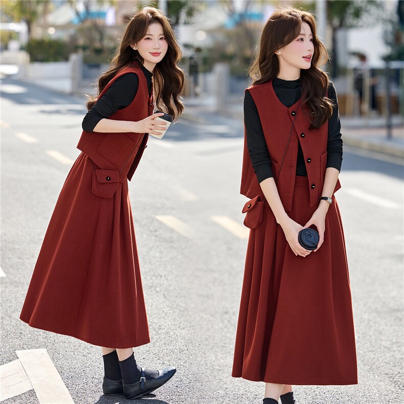 红色毛呢马甲A字半身长裙时尚套装女装高级感2026春季三件套穿搭，女装套装/套裙，意芙