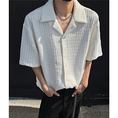 肌理感古巴领短袖衬衫男夏季潮牌美式复古宽松速干五分袖上衣外套，男装衬衫，电商A341