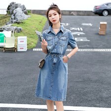 欧货牛仔连衣裙女中长款2025夏季薄款收腰显瘦时尚亮片衬衫A字裙，女装连衣裙，意芙