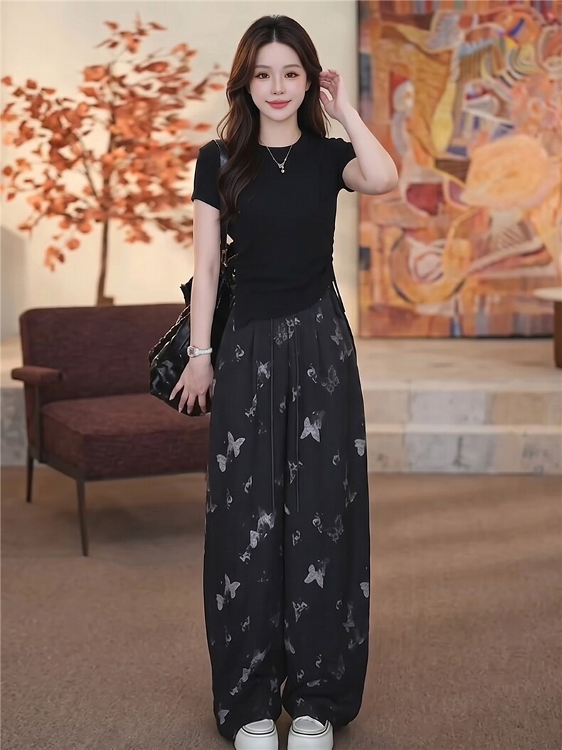 时尚休闲运动套装女夏季新款显瘦气质纯色圆领短袖上衣长裤两件套,女装套装/套裙,江南