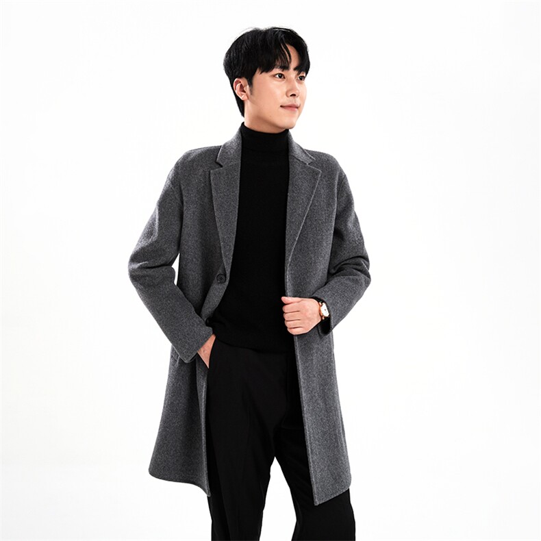 都市男羊毛双面呢大衣经典灰色长款外套保暖舒适绅士风度男装，男装毛呢大衣，牧绒家园