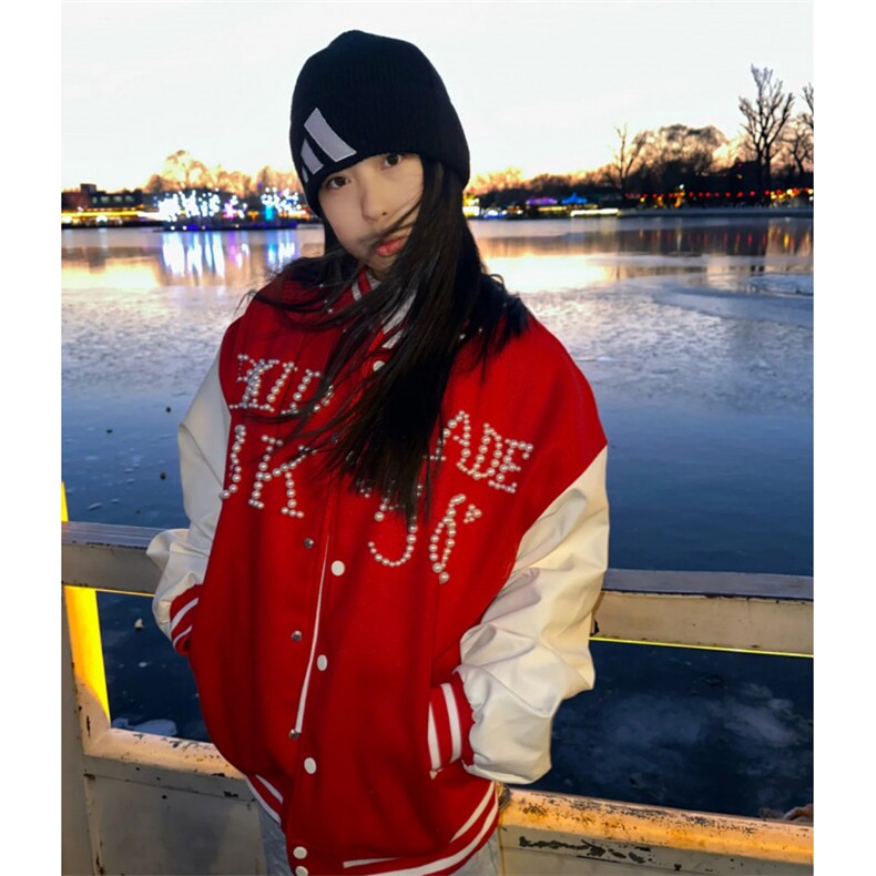 美式珍珠红色拼接棒球服男女春秋季新款高街百搭毛呢夹克外套图片