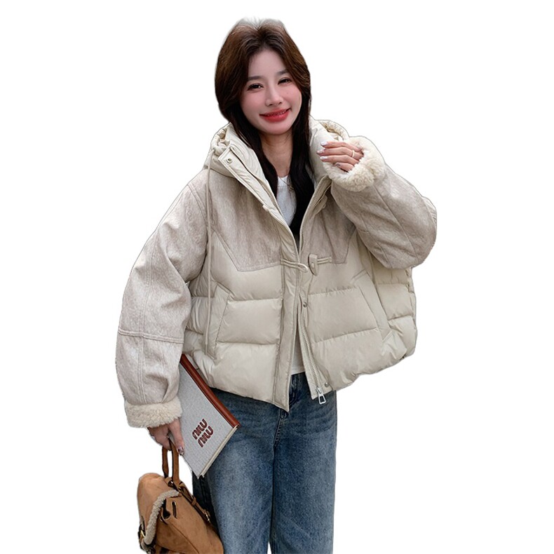 毛呢拼接羽绒服女冬季2025新款连帽保暖夹棉好看短外套,女装羽绒服,2C218