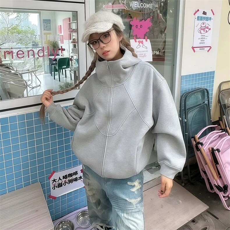 抖音得物高品质二开26春装美式高街重磅结构高领连帽卫衣外套W62,女装短外套,电商A486