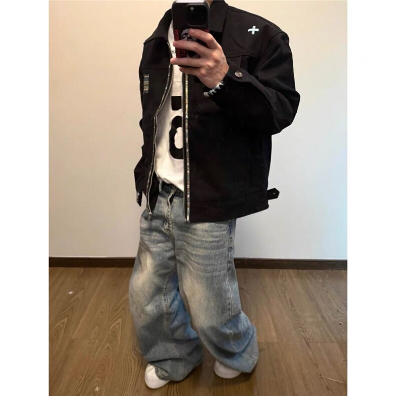 美式复古巴恩风休闲夹克男女款宽松设计感翻领棒球服刺绣工装外套,男装夹克,四季星座505