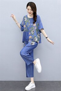 2024夏季新款时尚气质圆领直筒裤腿设计休闲舒适印花两件套图片