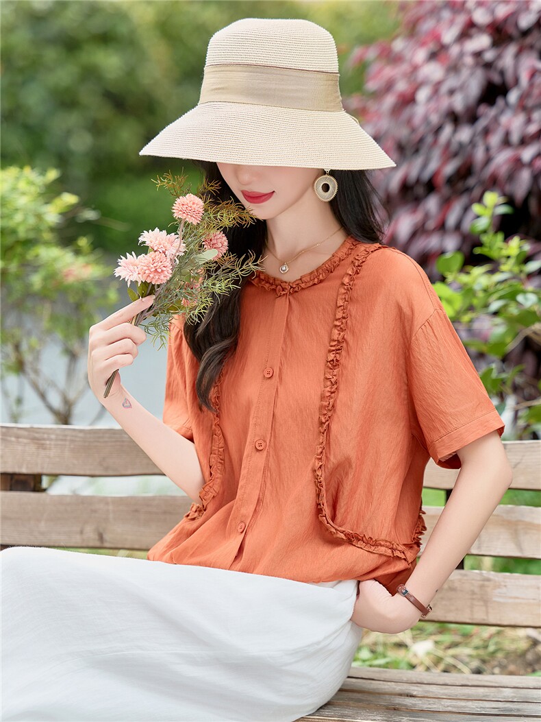 木耳花边拼接圆领上衣女2026夏装新款休闲宽松小衫百搭减龄衬衫,女装衬衫,余墨