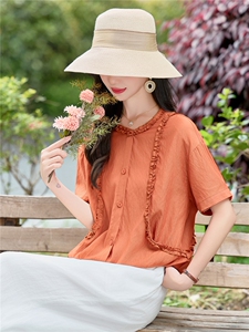 木耳花边拼接圆领上衣女2026夏装新款休闲宽松小衫百搭减龄衬衫图片