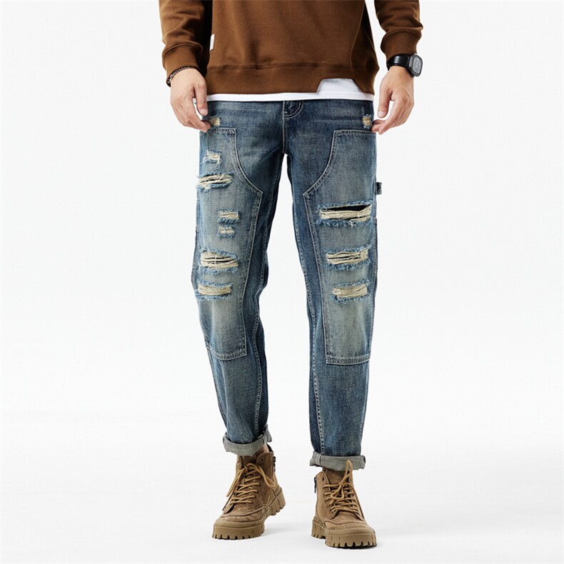 B230档2025秋冬新款潮牌破洞贴布宽松直筒工装牛仔裤男9696P00，男装牛仔裤，电商B230