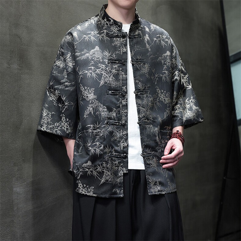 现货男士大码休闲新中式风格提花短袖衬衫T2561-P65,男装衬衫,电商A021
