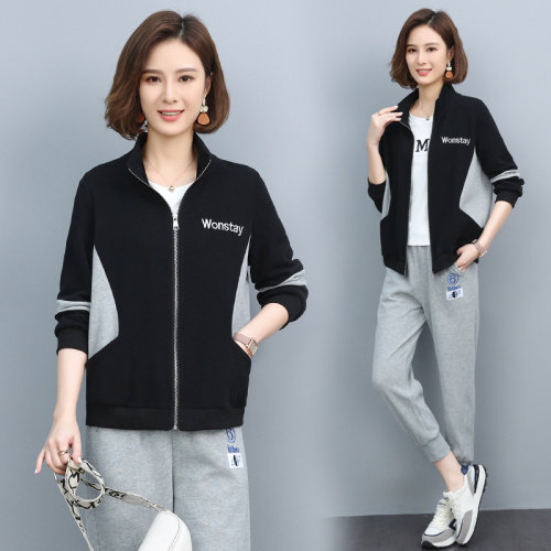 时尚休闲拼色外套女宽松显瘦百搭长袖上衣春秋新款韩版学生运动服套装,女装短外套,依恋蒂丝