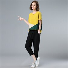 2022夏季新款气质圆领时尚T恤套装宽松显瘦两件套，女装套装/套裙，深水步