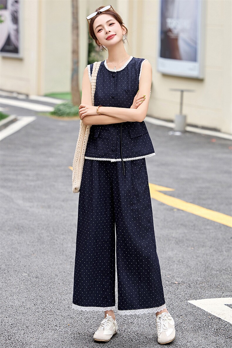 蕾丝花边拼接波点套装裤女2025夏季新款无袖马甲背心阔腿裤两件套,女装套装/套裙,沁沁公主