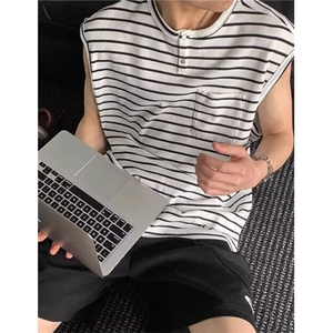 夏季新款条纹无袖t恤男圆领撞色打底衫宽松显瘦上衣 T506图片