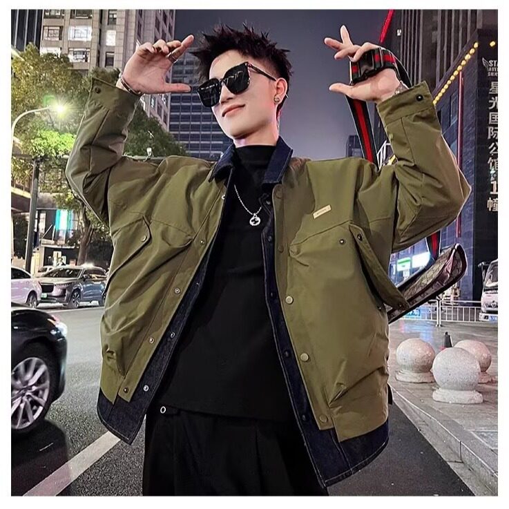 W33-P70男春秋2025新款夹克多口袋休闲高级宽松翻领衬衫工装,男装夹克,电商B323A
