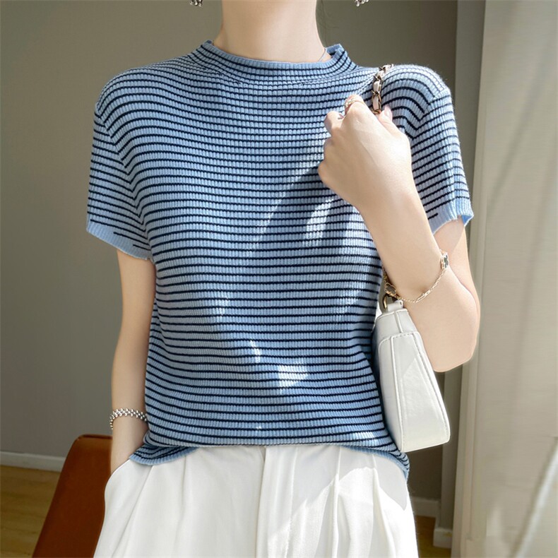 时尚百搭半高领条纹短袖T恤修身显瘦，女装T恤，东远绒业