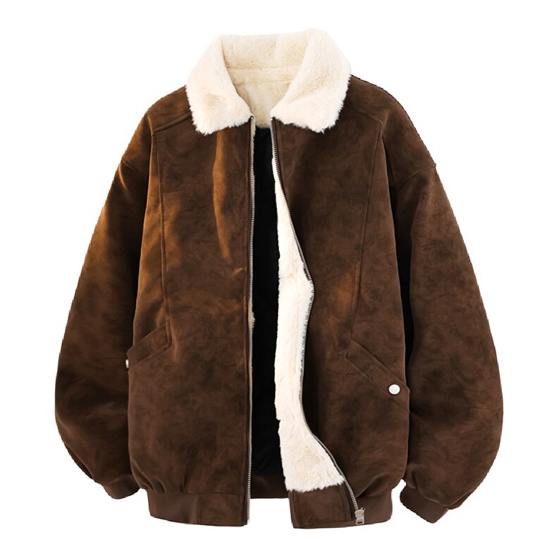 现货重磅硬挺boxy羽绒棉衣座山雕羊羔毛领洗水麂皮棉服冬外套，男装棉衣，电商A486-1