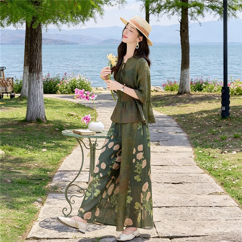 时尚苎麻印花拼接阔腿裤扎染宽松上衣复古风套装女,女装套装/套裙,水衣源