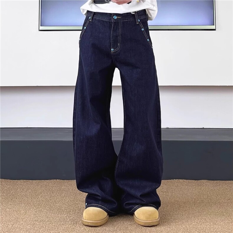 SWAG丹宁原牛赤耳绿松石撞钉弯刀cleanfit牛仔裤男女宽松直筒裤子图片