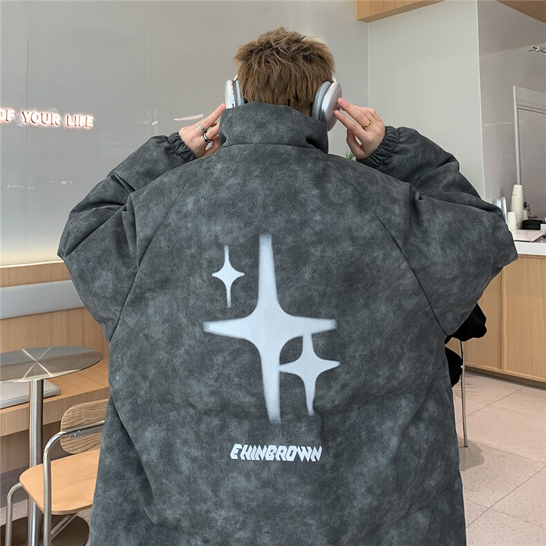 港风立领PU皮复古做旧印花字母图案设计棉衣男MY77719P130控178，男装棉衣，星座227-7