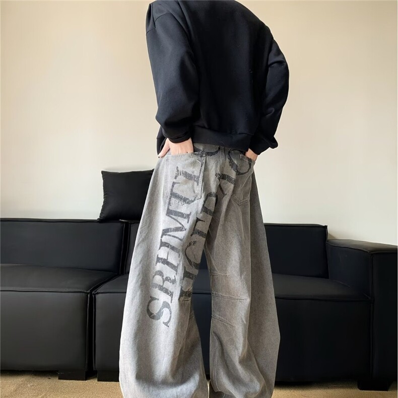 秋季新款设计美式潮牌印花复古休闲直筒宽松高街百搭小个子长裤男,男装休闲裤,星座506A