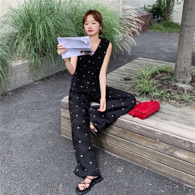 黑色波点无袖马甲阔腿裤套装女夏重要场合气质爆款两件套流行时髦,女装套装/套裙,2C216