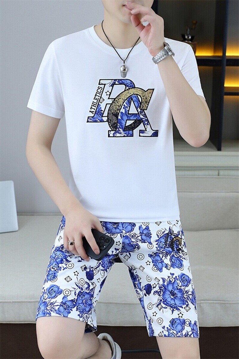 25363-P65夏季休闲T恤短裤男两件套欧货潮牌修身圆领短袖T恤套装,男装休闲套装,电商D310B-1