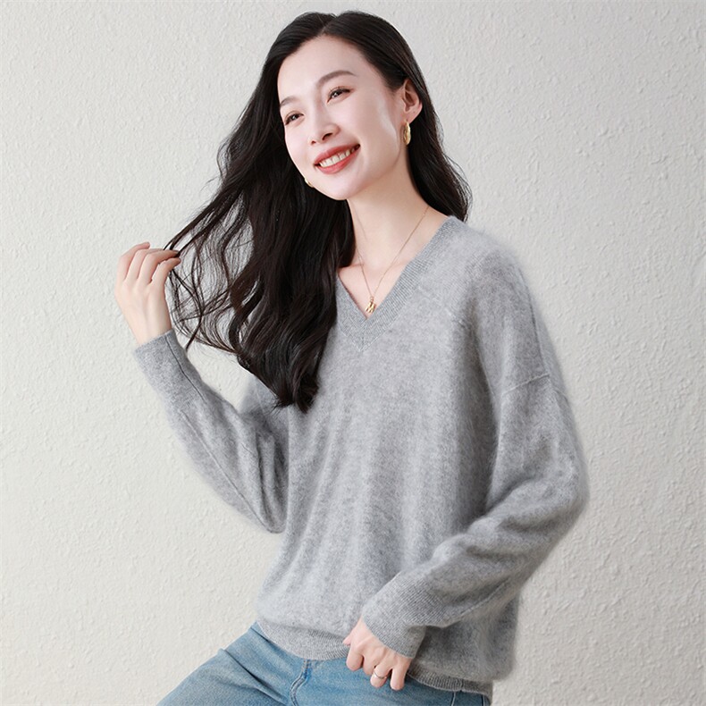 100%纯山羊绒秋冬新款v领拉绒休闲百搭软糯亲肤毛衣,女装羊绒衫,阿舍尔精品