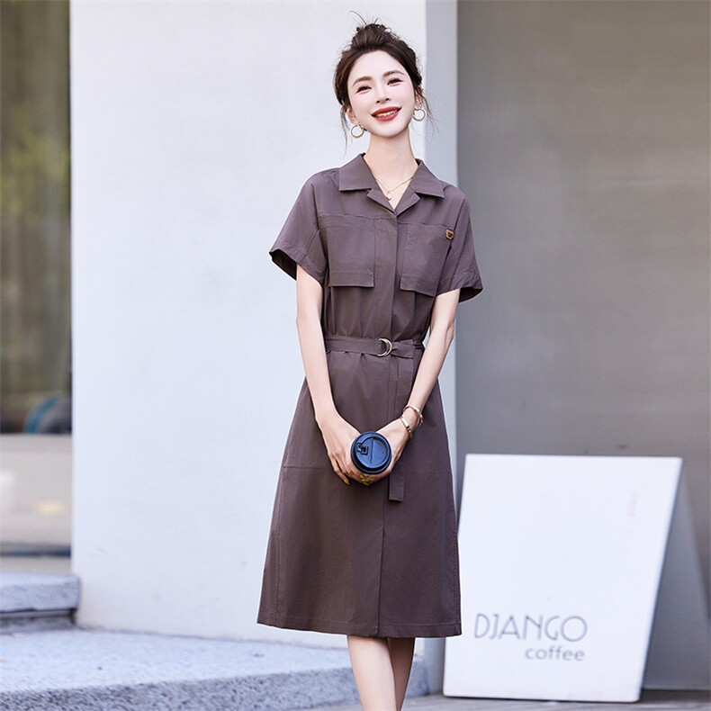 FILA斐乐女子连衣裙夏季衬衫领优雅宽松收腰连身裙,女装连衣裙,丽影随形
