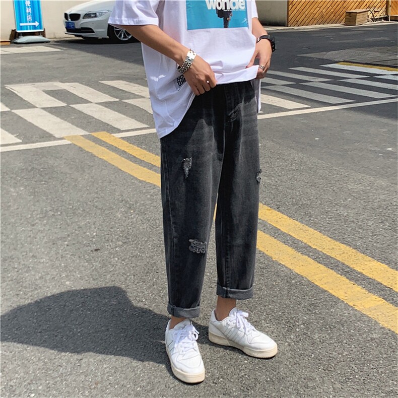 裤子男韩版潮流ins港风破洞牛仔裤百搭宽松休闲九分裤男K47-P35图片