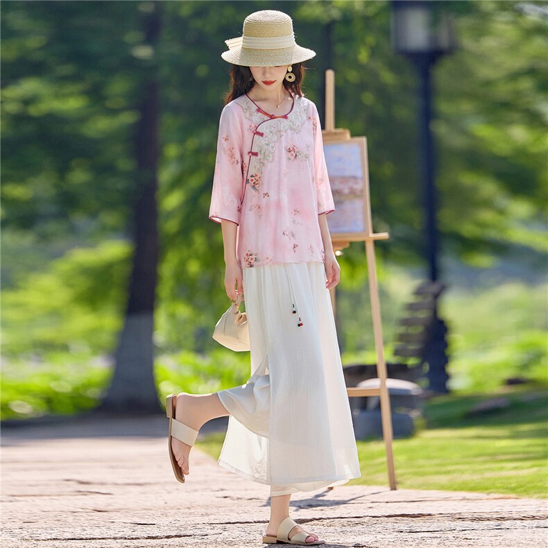 2026年夏季新款新中式重工刺绣小衫阔腿裤套装两件套女,女装套装/套裙,依路服饰