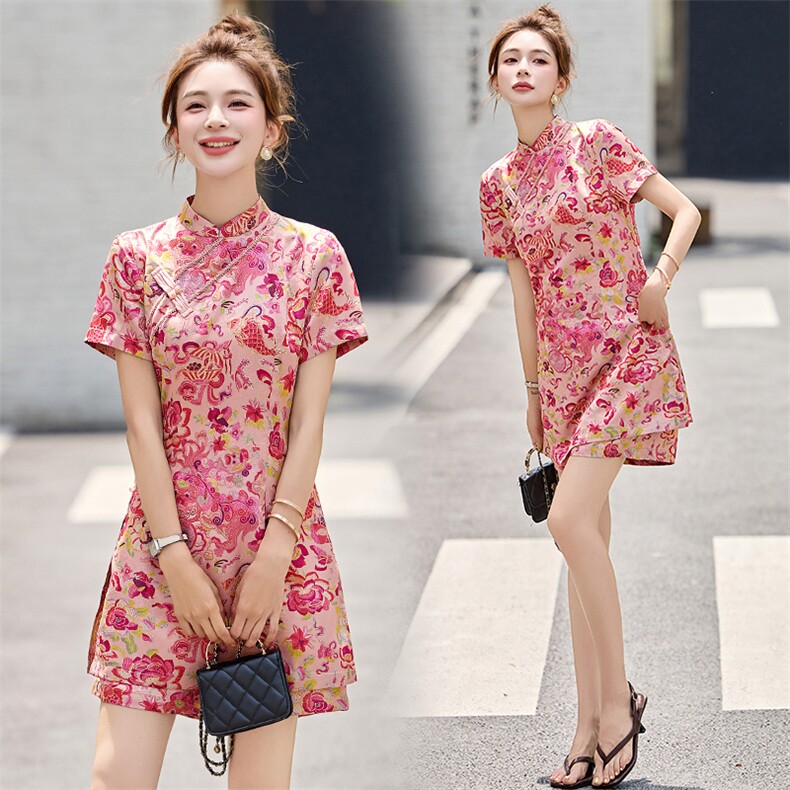 新中式国风套装女2025夏新款印花改良旗袍上衣短裤气质减龄两件套，女装套装/套裙，美沁