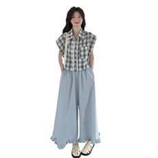 韩系甜美学院风蕾丝花边格子衬衣套装女夏季2025新款阔腿裤两件套，女装套装/套裙，2C135
