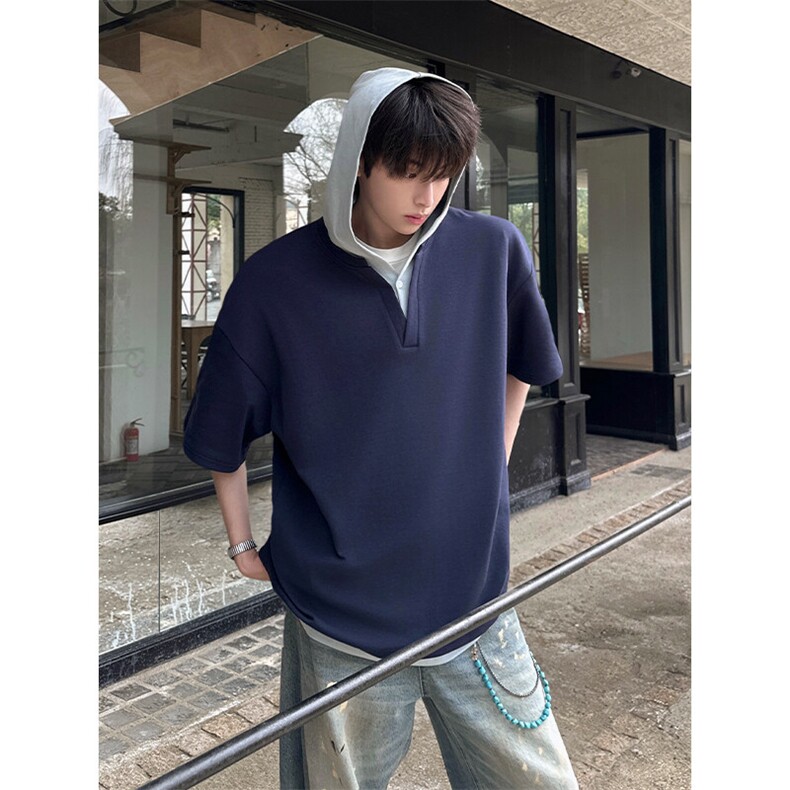 250克高品质面料百搭假两件连帽上衣休闲复古短袖卫衣HY733P45,男装T恤,电商A102B