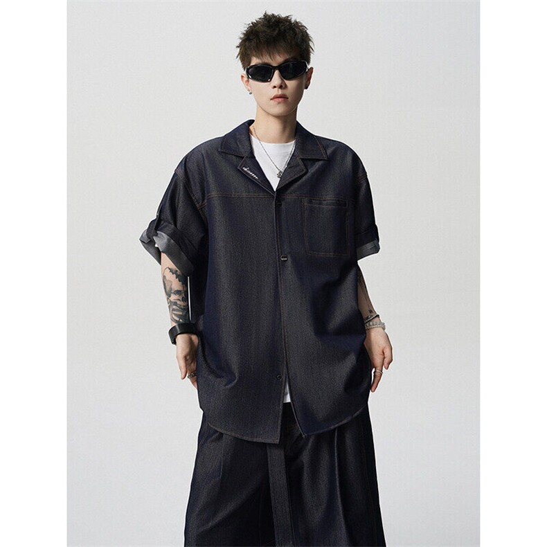 8XL-M夏季简约高级感冰丝牛仔古巴领男休闲痞帅宽松套装潮TZ109,男装休闲套装,电商D206-1