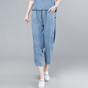 捡漏~时尚妈妈中老年牛仔印花拼接短袖上衣显瘦七分裤女,女装牛仔裤,叶笙衣