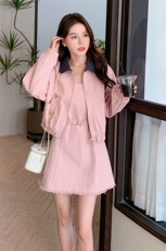 撞色翻领粉色外套连衣裙两件套女2024秋季新款韩系穿搭小个子套装，女装套装/套裙，2C088