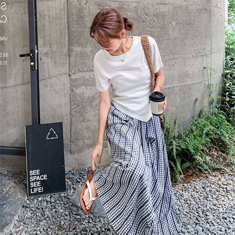韩系不规则T恤格纹半身裙套装2025新款女夏季穿搭轻熟气质两件套,女装套装/套裙,2C037