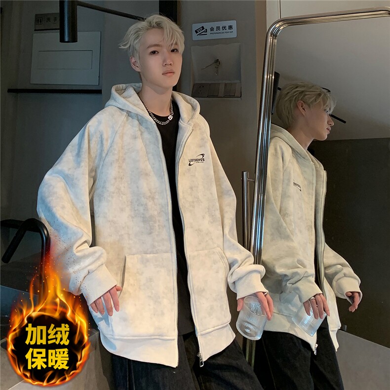 开衫卫衣男秋冬季加绒重磅字母印花青少年拉链外套JK092-P80图片