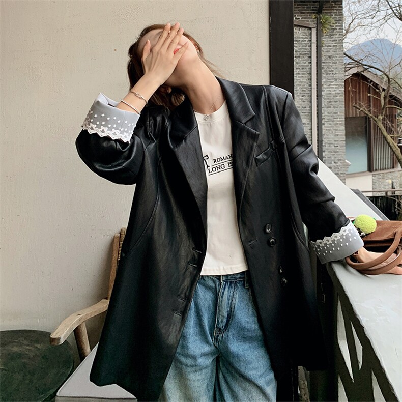 黑色PU皮衣西服外套女2025春秋季新款韩系设计感蕾丝拼接西装上衣,女装皮衣,2C051
