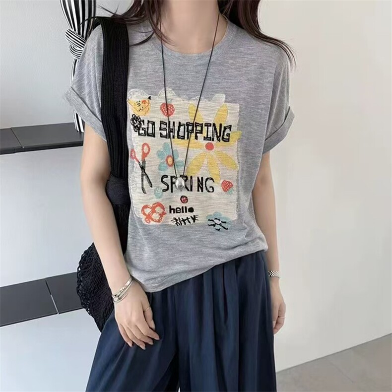 2025夏季时尚气质百搭套头花朵字母短袖上衣,针织衫/毛衣,大美人包芯纱店